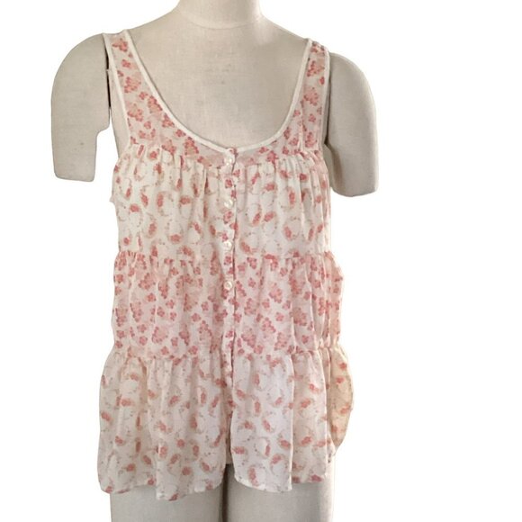 LC Lauren Conrad Tank Top Ditsy Floral Tiered Ruffle Button-Up Sz M 68P - Picture 1 of 8